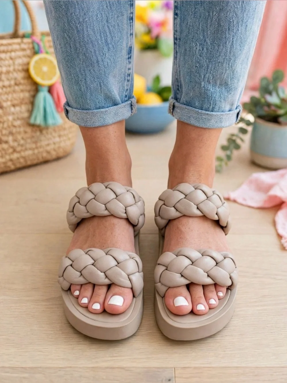Steve Madden Braided Double Strap Platform Slide Sandal 6M Taupe